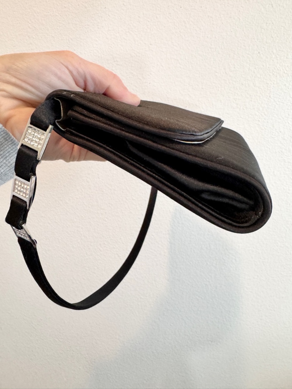 Y2K Minimalist Shoulder Bag Black Satin Rhinestone Strap Baguette Nordstrom C13 - Picture 7 of 9